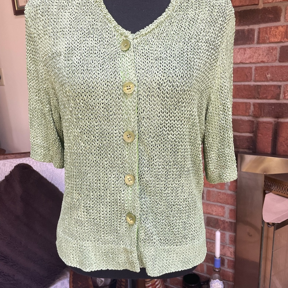 Green V-Neck Cardigan Sweater with 3/4 Sleeves